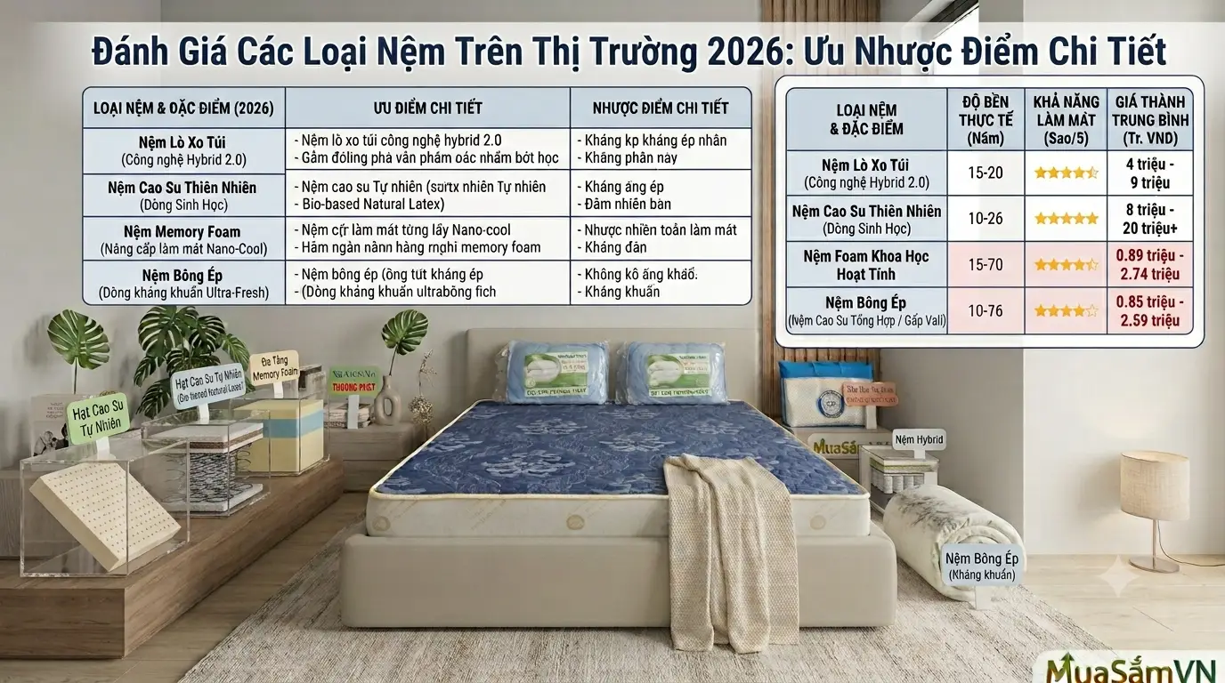 Đánh Giá Các Loại Nệm Trên Thị Trường 2026: Ưu Nhược Điểm Chi Tiết