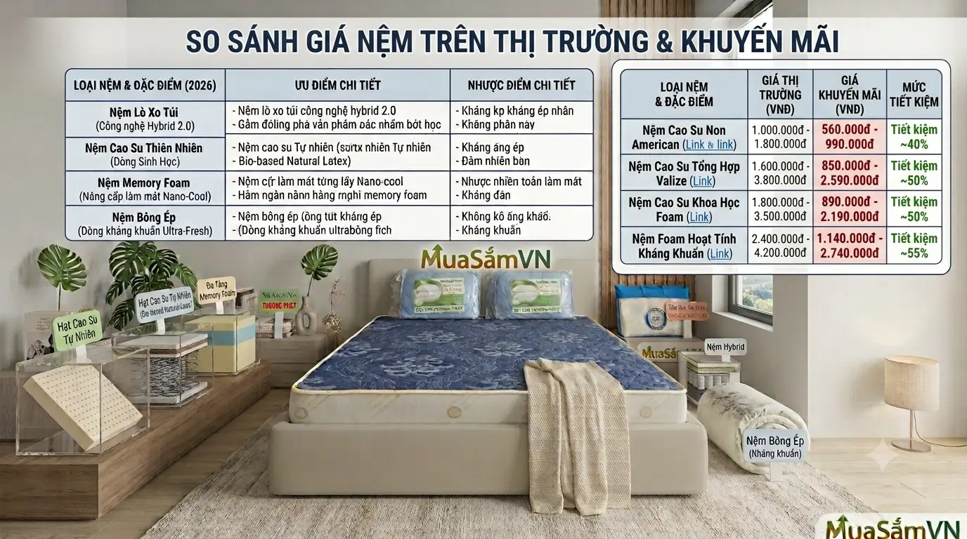 So Sánh Giá Nệm Trên Thị Trường 2026: Đâu Là Giải Pháp Tối Ưu Chi Phí?